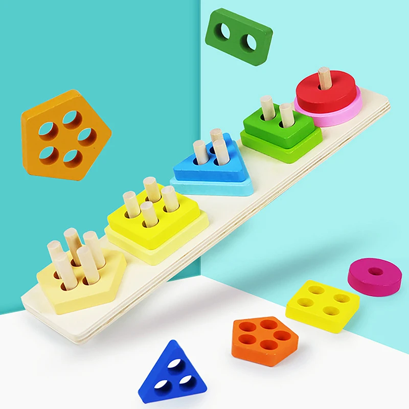 1 Set Wooden 3D Geometry Shape Geometric Sleeve Pair Shape Column Matching Block Toy Gift Early Childhood Education