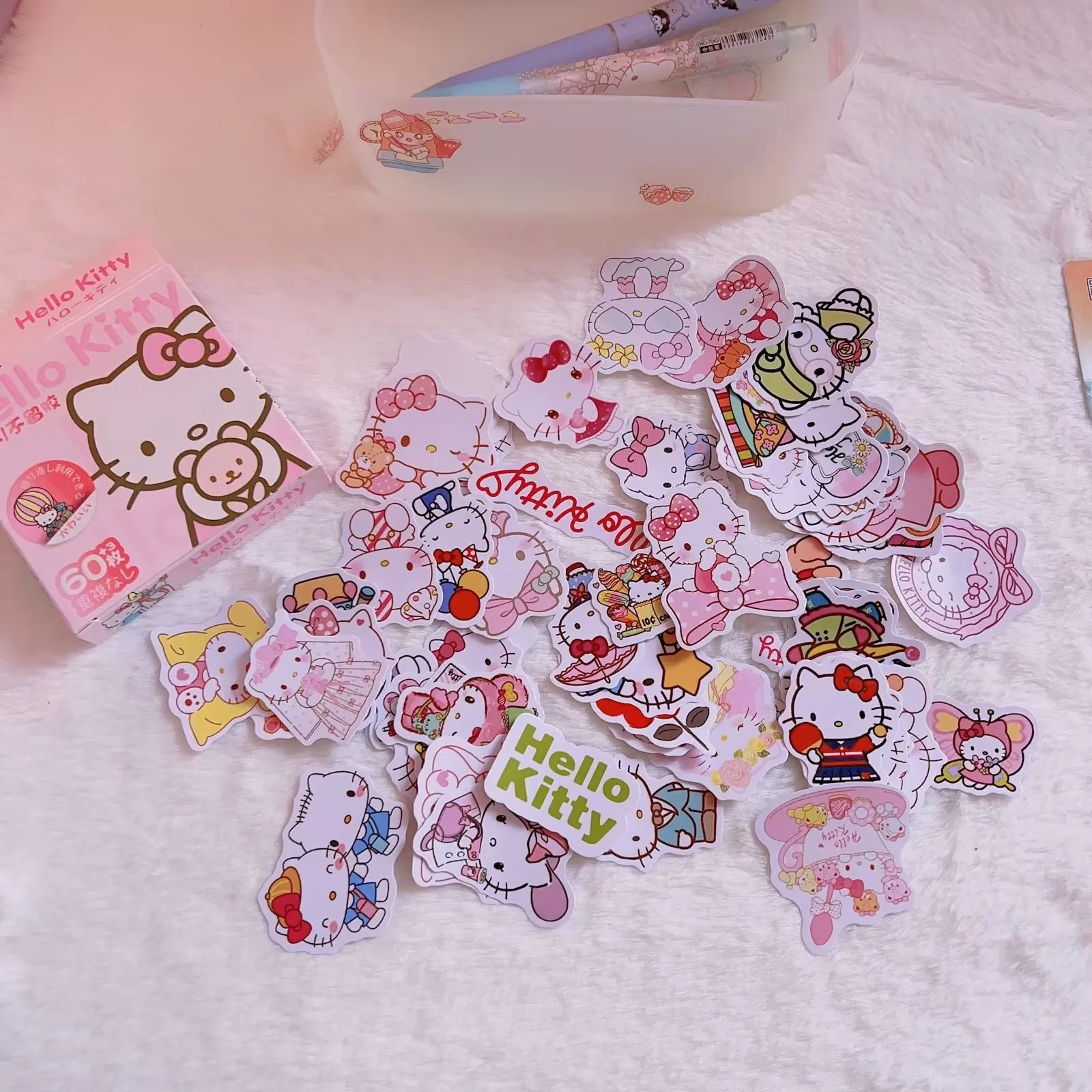 60PCS Japanese Cute Pet Sanrio Sticker Kawaii Cartoon Kuromi Melody HelloKitty Cinnamoroll DIY Stickers Gift Box Packaging