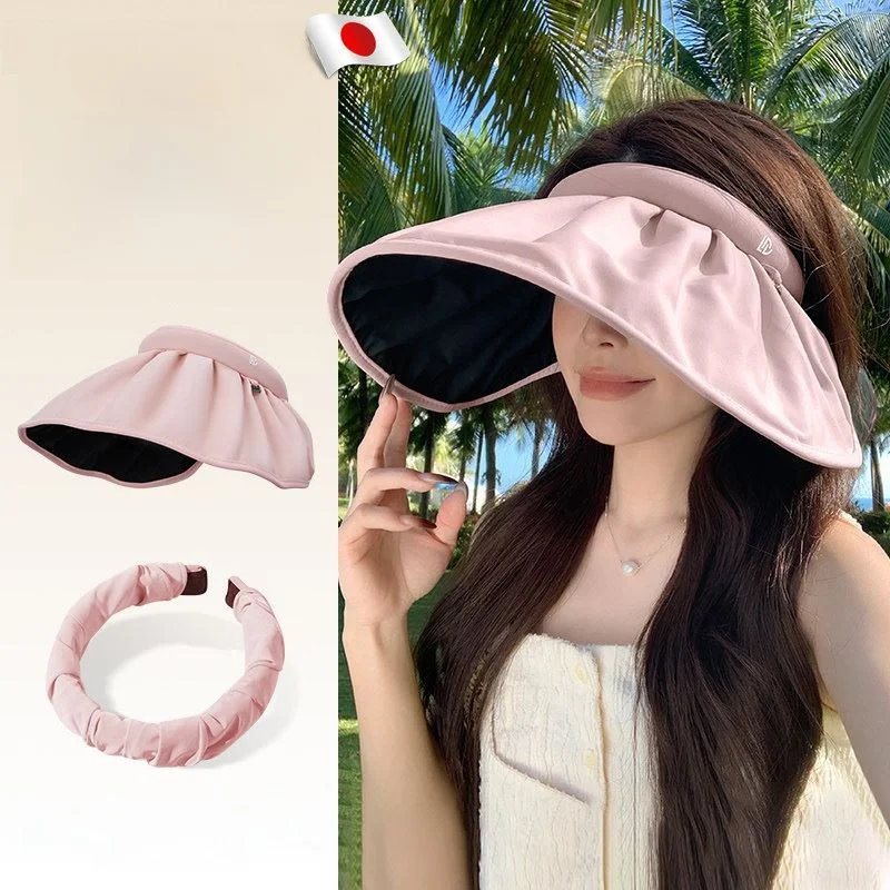 レディースサマーアウトドアシェルハット、大きなつば付きブラックグルー折りたたみ式日よけ帽子、ヘアバンド付き、uvカットupf500-、カジュアルスタイル