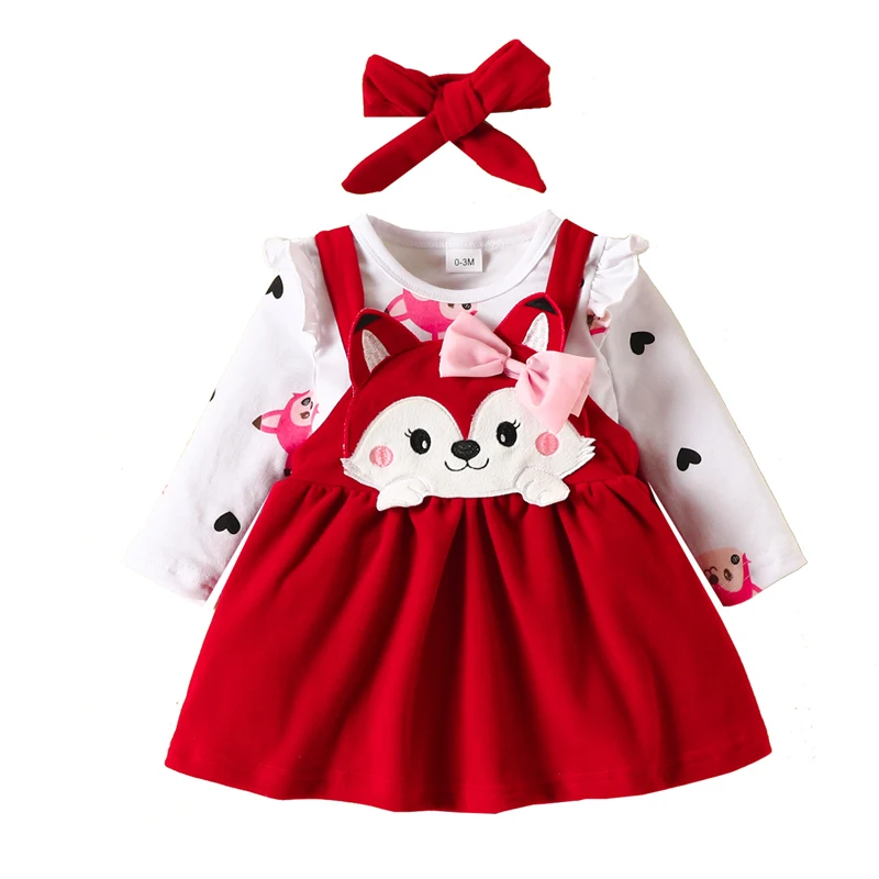 Autumn Winter Baby Romper+Suspender Dress+Bowtie Sets Cartoon Fox Print Newborn Girls Clothes Kids Outfits Toddler Baby Sets