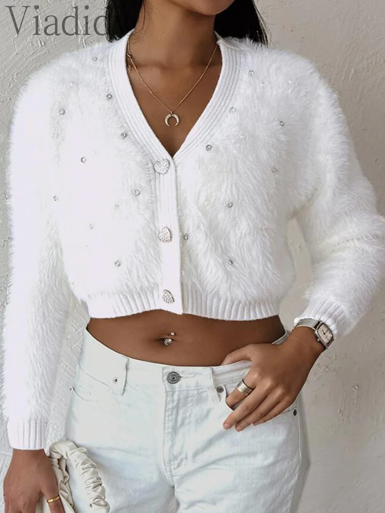 Women Elegant Solid Color Fuzzy Button Studded Decor Crop Sweater Cardigan