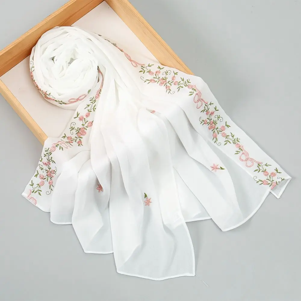 Fashion Chiffon Material Ramadan Hijab Scarf Floral Embroidery 170*70cm Women Lace Shawl Plain Summer Femme Shawl Ramadan Season