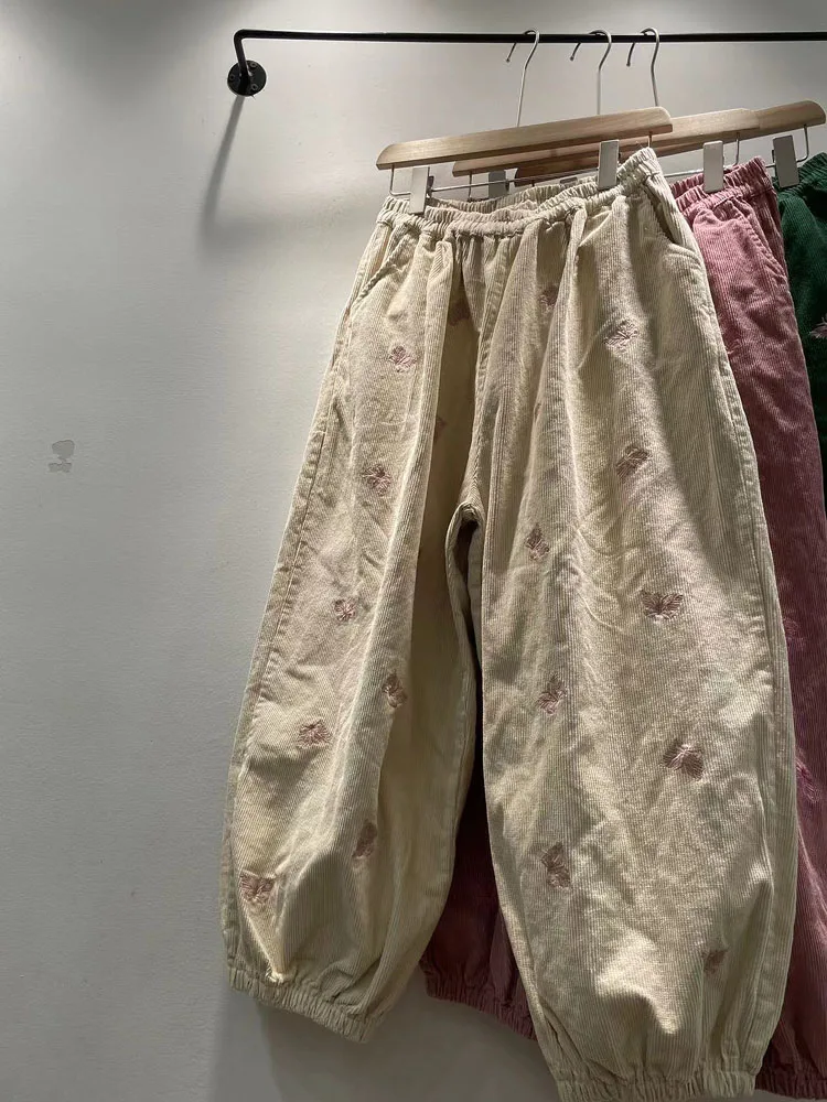 

Осенне-зимние женские свободные брюки с широкими штанинами, на резинке, с вышивкой узлом, вельветовые, укороченные, повседневные, для работы и отдыха