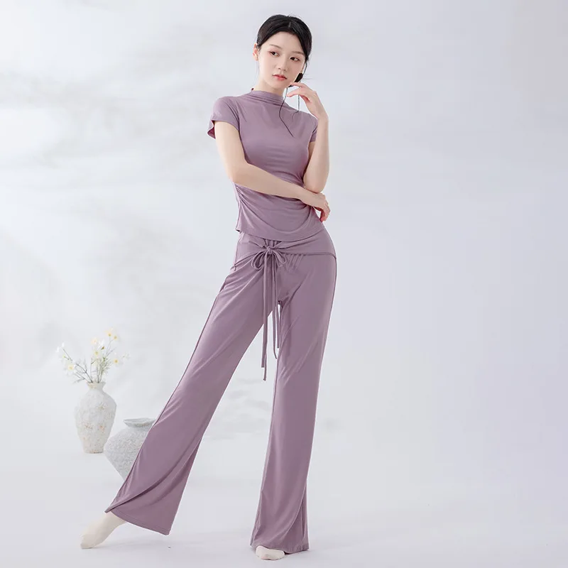Women Half High Neck Dance Outfit Set Short Sleeve Top & Micro Flare Pants Latin Chinese Classical Dance Yoga Pilates Costume
