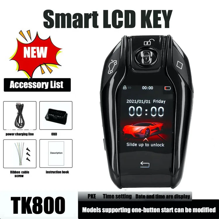 A car key case made of alloy material with a 2.0-inch LCD display, featuring PKE function. Universal key case supports touch con