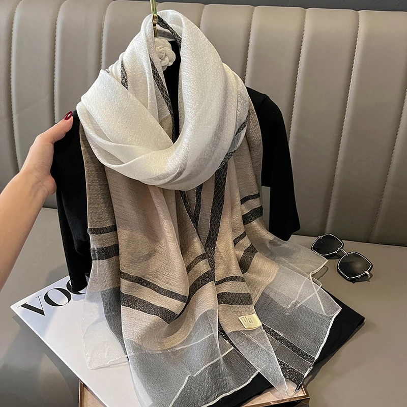 Fashion Stripe Women Silk Scarf Thin Summer Lady Beach Shawl Scarves With Pearl Muslim Foulard Female Hijab Headscarf