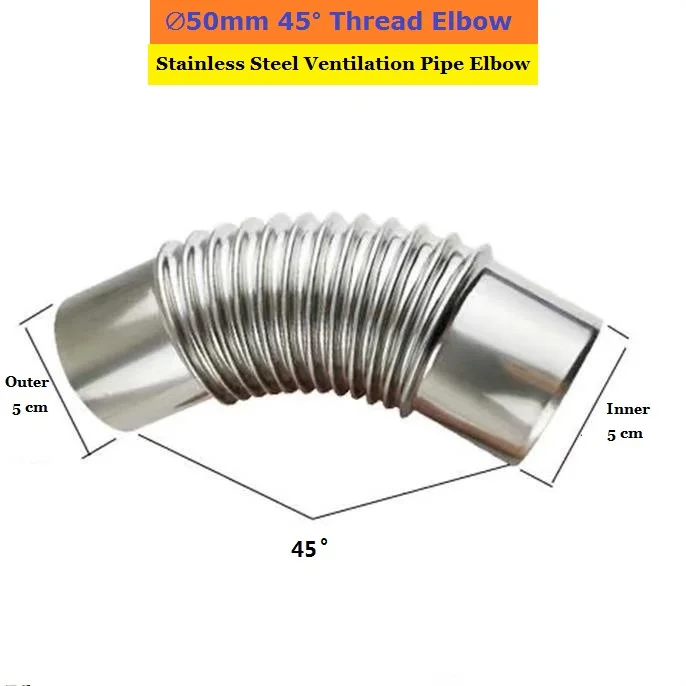 45 °   50-120mm Filettatura in acciaio inossidabile Gomito Tubo di ventilazione Connettore Raccordo di scarico Testa angolare per cucina