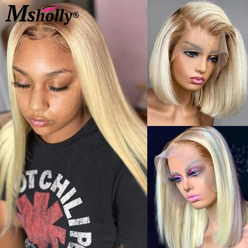 

Ombre 613 Blonde Lace Front Wig Human Hair Preplucked 4/613 Colored Straight Wig 13x4 Lace Front Wig Dark Roots Short Bob Wig