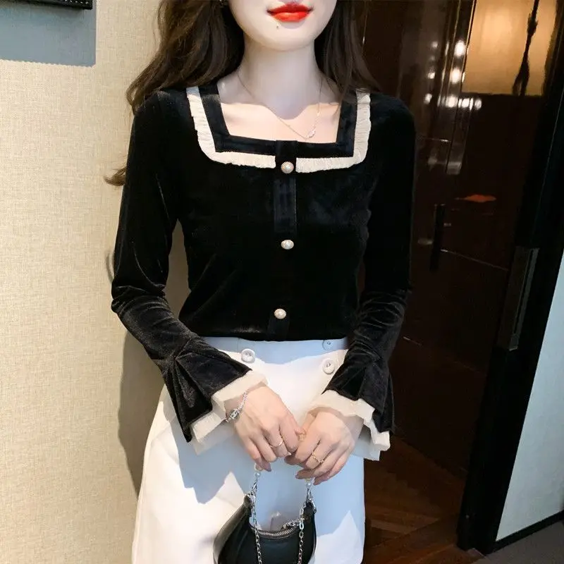 Women Stylish Ruffle Vintage Velvet Shirts Elegant French Style Luxury Chic Sweet Blouse Square Collar Long Sleeve Slim Fit Tops