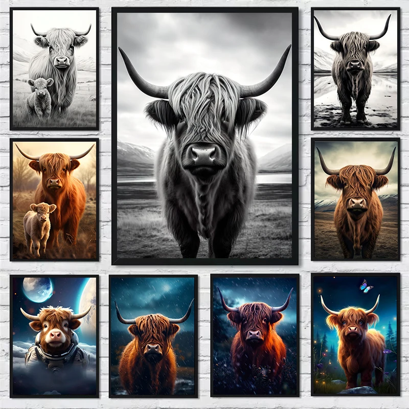 Cute Highland Cows Cattle Baby Canvas Painting and Print Wall Art Picture for Nordic Living Room Kid' Room Home Decor Gifts