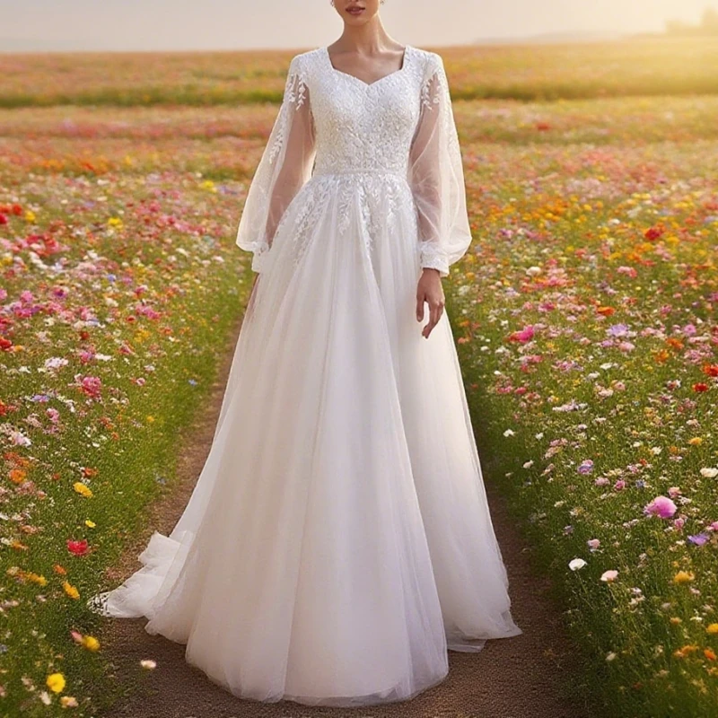 

Long Puff Sleeves Wedding Dresses For Woman A-Line Applique Muslim Bridal Gown Beading Lace Button Vestidos Novias Boda