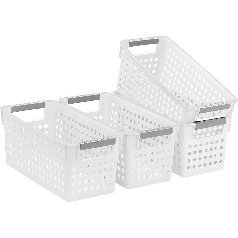 

Compact White Plastic Storage Baskets with Handles, Ideal for Shelves, Kitchen, Home, and Office Organization