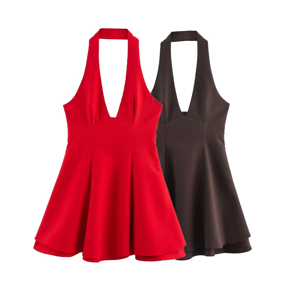 Vestido feminino de camada dupla com gola halter, moda cor sólida, design sexy, nova chegada 2025