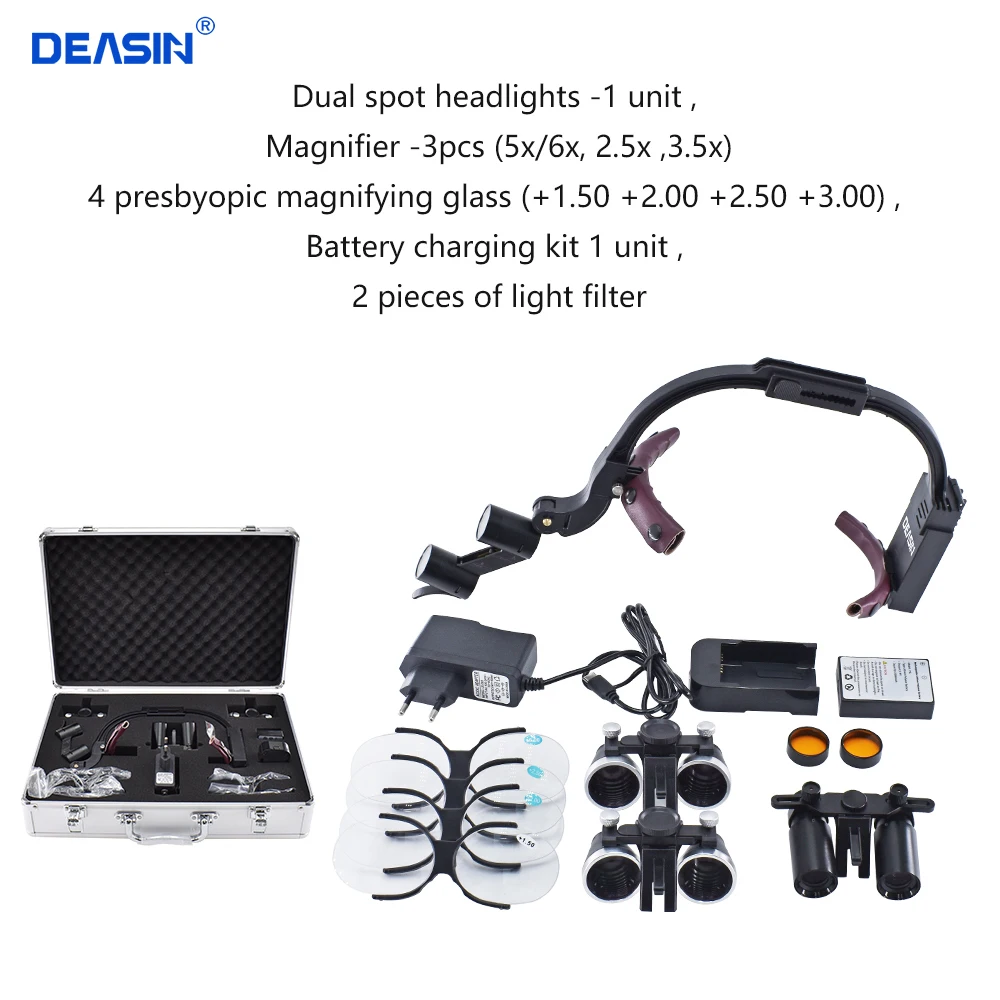 DEASIN 5X/6X Dental LED Headlight Binocular / Kepler Loupes Headband Adjustable 5W Dentist Surgical Headlamp Dentistry Magnifier