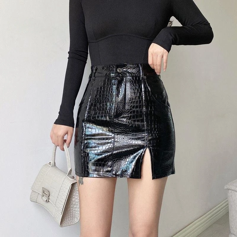 

PU Sexy Slit Slim Mini Skirts for Women Autumn Winter Crocodile Pattern High Waist Hip Leather Skirts Fashion Hotties Bottoms