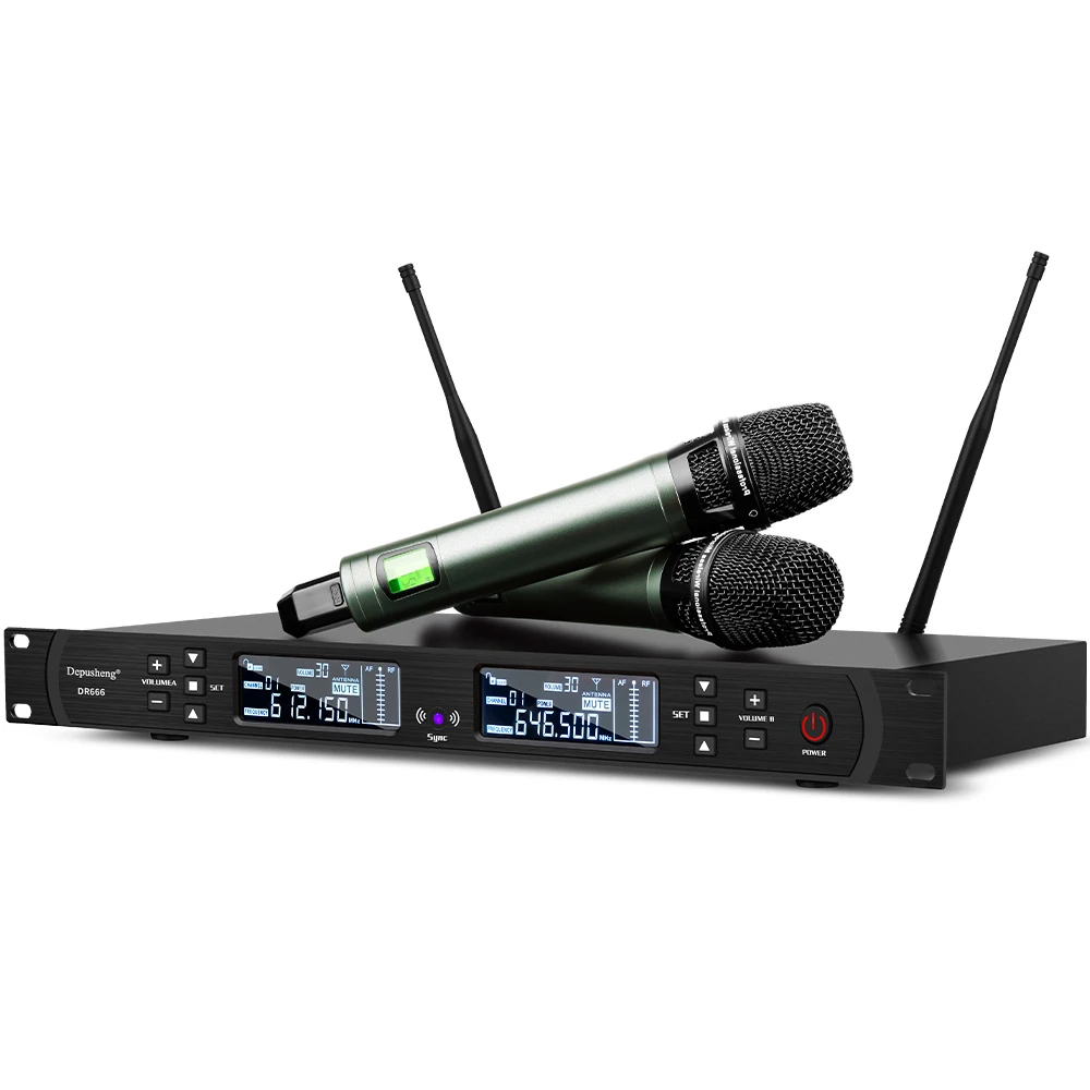 

Depusheng DR666 Professional Uhf Dual Channel Handheld Long Range Wireless Microphone Sing 2 Microphones with A Host