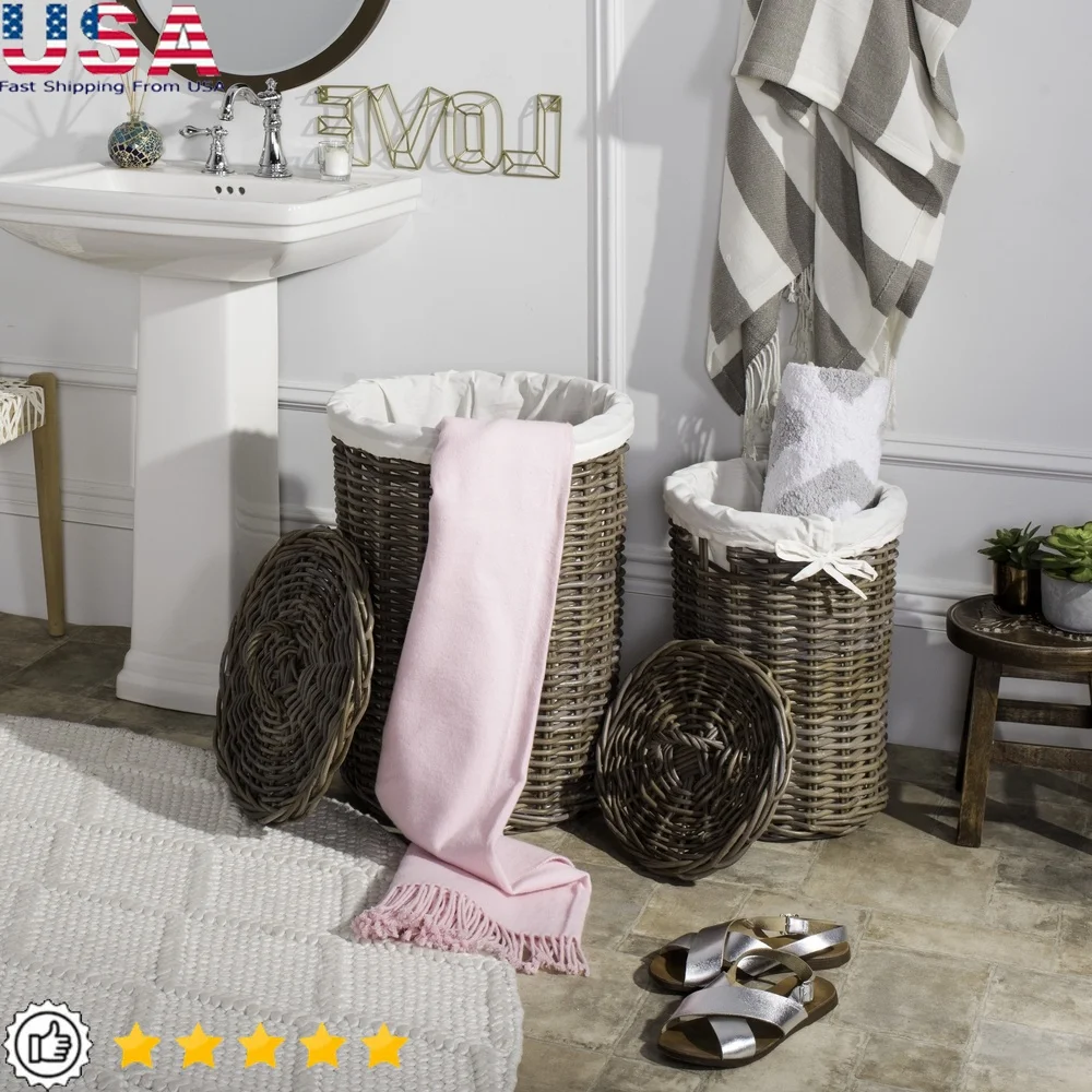 

Rattan Round Hamper Baskets Set of 2 Durable Laundry Sorter Stylish Storage Easy Maintenance Home Organization
