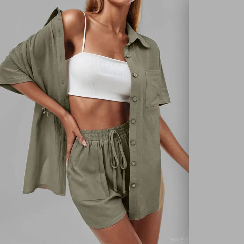 Amazon 2025 Nowa Moda Jednolita Koszula Damska Casual Temperament Krótki Rękaw Jednorzędowy Zestaw Dwuczęściowy Szorty