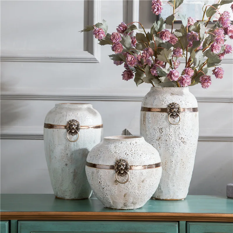 White bubble with copper ring furniture city flower shop ceramic vase Chinese handmade home furnishing design ornaments