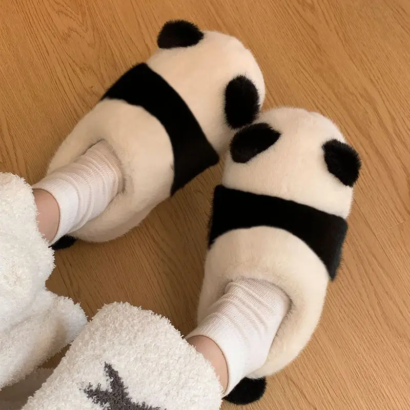 Panda cotton slippers for outdoor wear in autumn and winter, plush slippers for home use, non slip cotton shoes