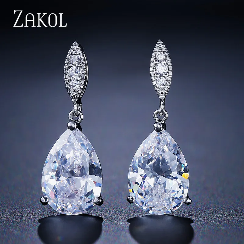 ZAKOL Nickle Free Fashion Water Drop Zircon Dangle Earrings for Women Simple Crystal Bridal Wedding Jewelry Wholesale EP2040
