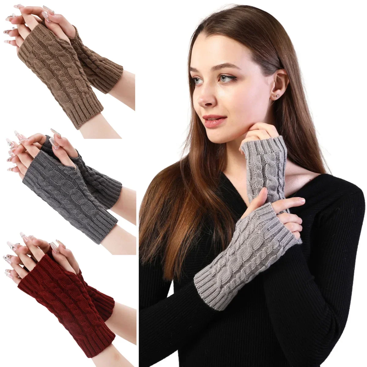 Womens Autumn and Winter Knitted Sleeve Hemp Pattern Short Gloves Fingerless Gloves Sleeve Cover Men Warm Wrist Guard Arm Sleeve