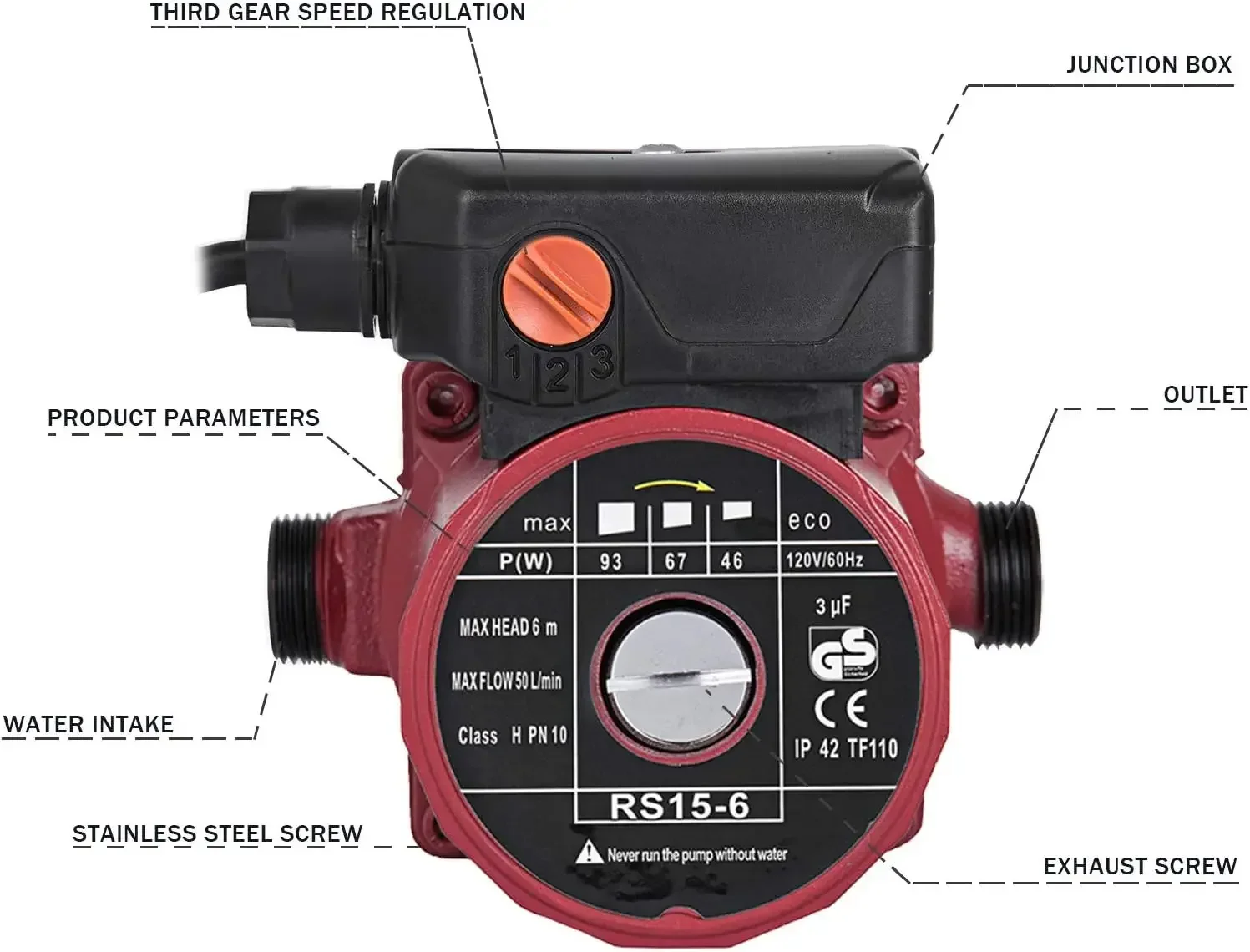 93W 110V Water Circulator Circulating Pump NPT 3/4" w/Brass Fittings, 3-speed Control Recirculation 9.5 Gpm RS15-6