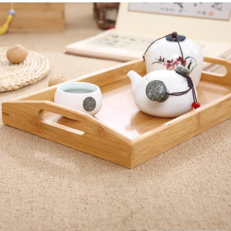 Bandeja de madera tallada de bambú para té, estante para vajilla, pan de frutas, postre, té, bandeja de comida con asa, 1 unidad