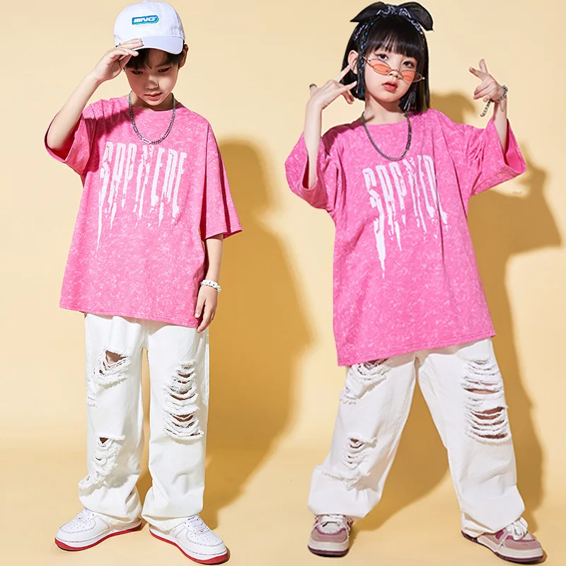 

Kid Kpop Hip Hop Clothing Pink Distressed T Shirt Top White Casual Street Ripped Pants for Girl Boy Jazz Dance Costume Clothes