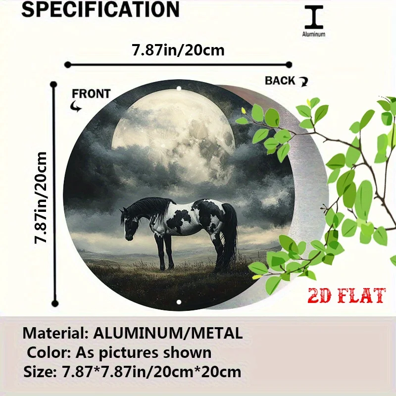 2D Flat 1pc  Tin Sign Featuring Spotted Horse Under A Cloudy Moon Round Poster for Tranquil Beach House Backyard for Creative Mi