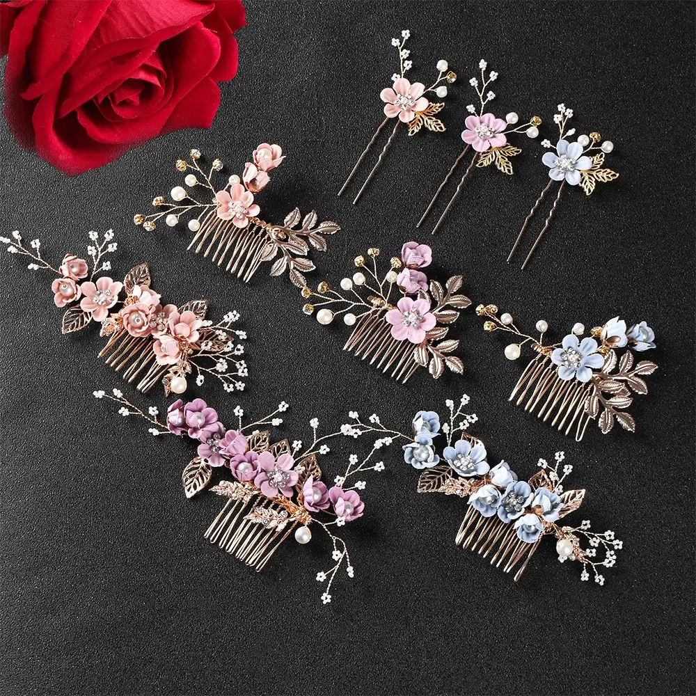 Fashion Luxury  Blue Flower Hair Combs Headdress Prom Bridal Wedding Hair Accessories Gold Leaves Hair Jewelry Hair Pins