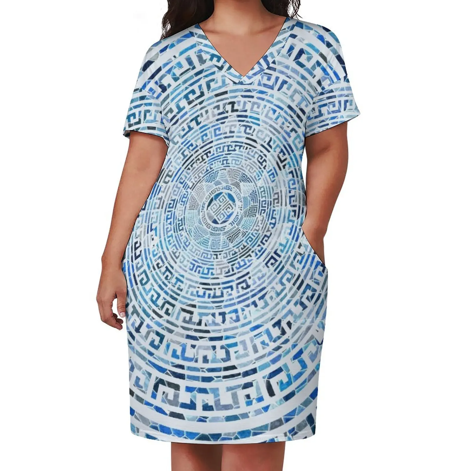 Circular Greek Meander Pattern - Greek Key Ornament Loose Pocket Dress birthday dresses for women Evening gown luxury dress