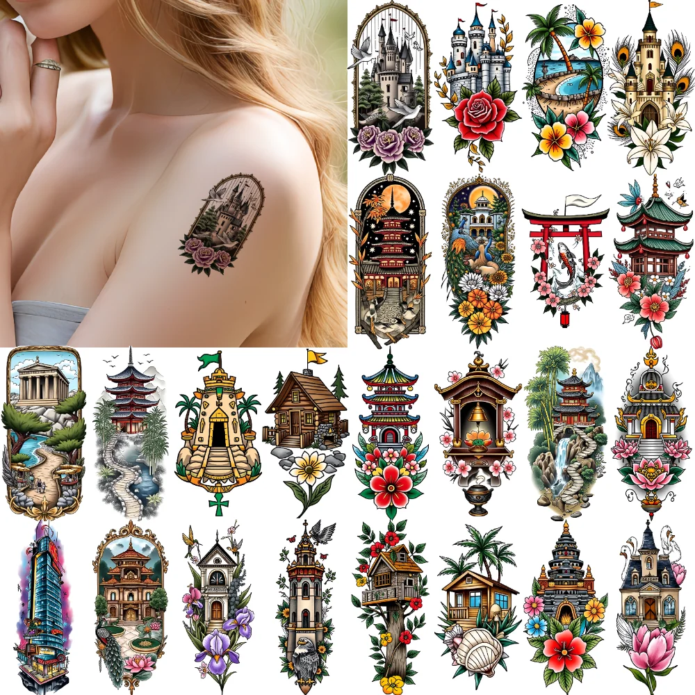 

9pcs Temporary Tattoo Mosque With Birds Waterproof Long-lasting Body Stickers Victorian House Japanese Pagoda For Chest