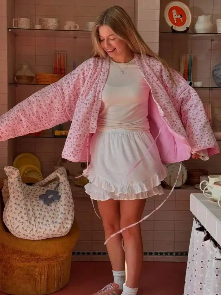 Słodka Różowa Sznurowana Bawełniana Kurtka Damska Moda Luźny Kwiatowy Nadruk Długi Rękaw Dekolt V Bluzki Jesień Zima 2025 Odzież Wierzchnia Damska Streetwear