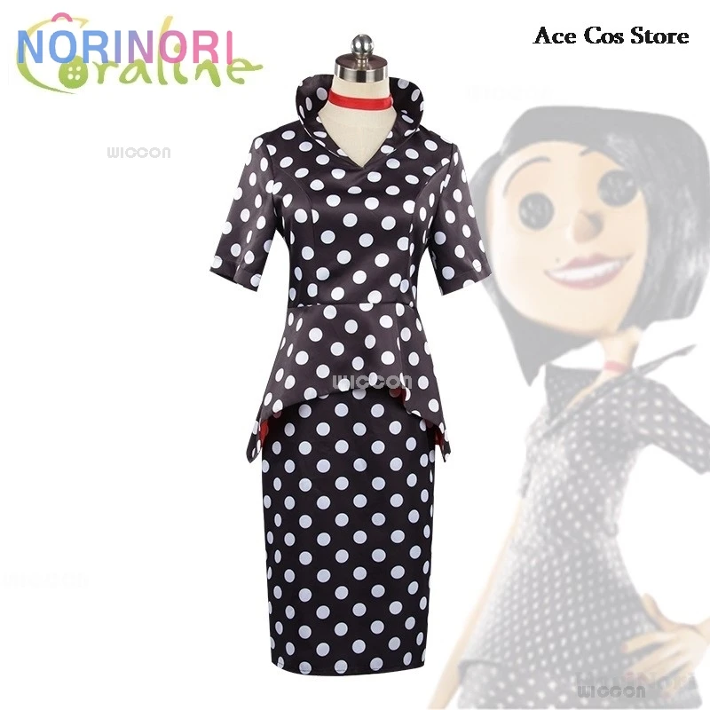 Horror Fairytale Movies Coraline Mother Cosplay Costume Wig Polka Dress Secret Button Eyes Halloween Party Scary Roleplay Suit