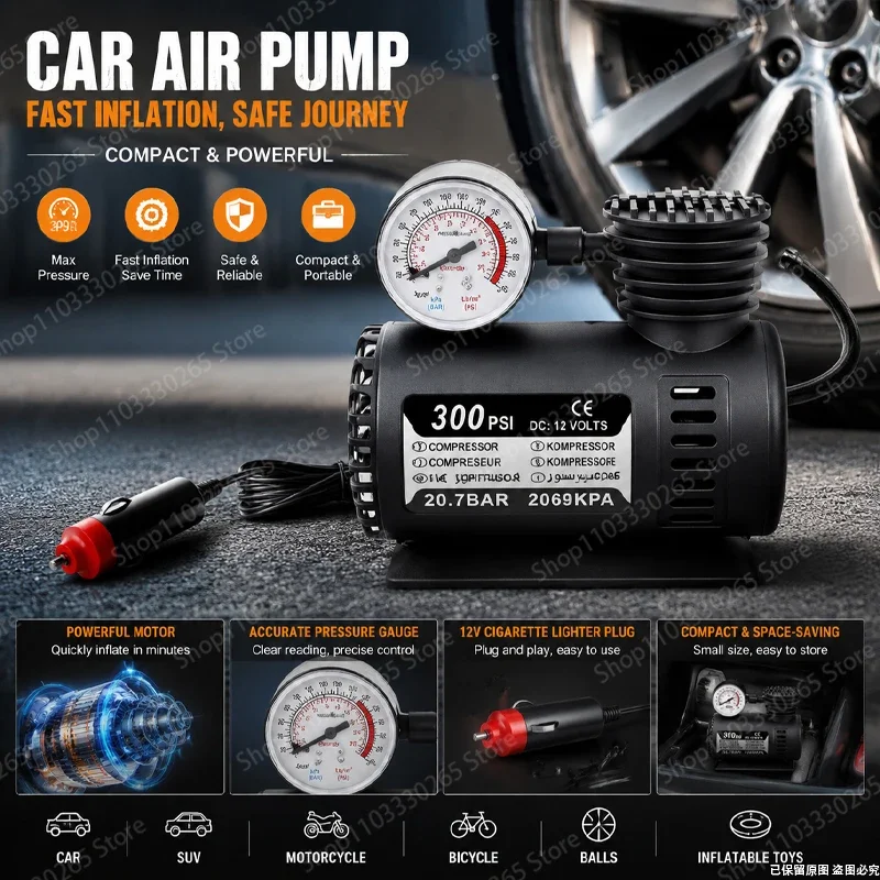 DC 12V 300PSI Portable Car Air Pump, Compact Tire Inflator with Pressure Gauge for Cars, Bikes & Sports Balls