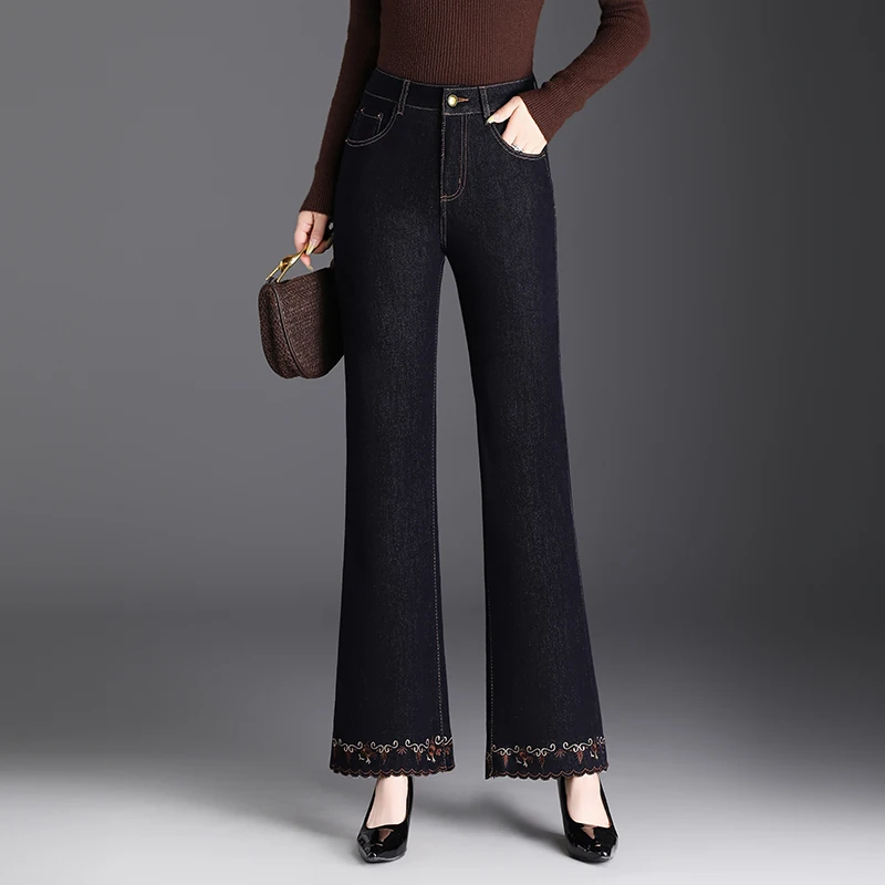 

Женские джинсы с высокой талией, утягивающие, микро-клеш, с вышивкой, эластичные, из китайского хлопкового стрейч-денима, повседневные, в стиле бохо