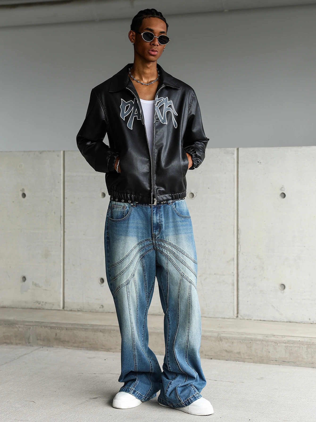 

Men's Casual Faux Leather Jacket - 'DARK' Graffiti Print, Zip Front & Lightweight Fabric, Stylish for Daily & Night Outings