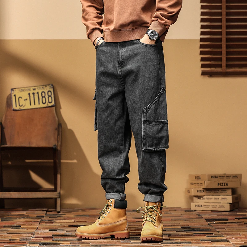 Black Denim Cargo Jeans Men Streetwear Fashion Loose Causal Vintage Denim Harem Cargo Pants Cityboy Plus Size Jeans Trousers