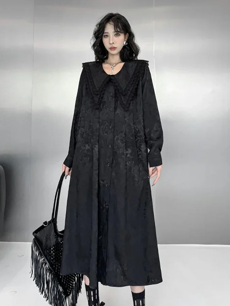 

XITAO Lace Patchwork Turn-down Collar Dresses Single Breasted Solid Color Temperament Loose Shirt Dress 2025 Spring New HQQ2411