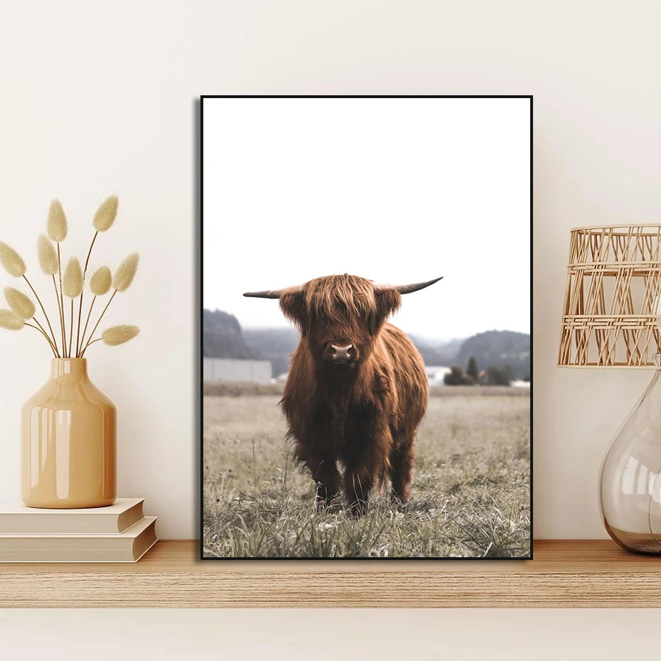 Animal Highland Cow Scottish Highland Cow Cattle Art Posters Canvas Painting Black White Wall Prints Pictures Room Home Decor