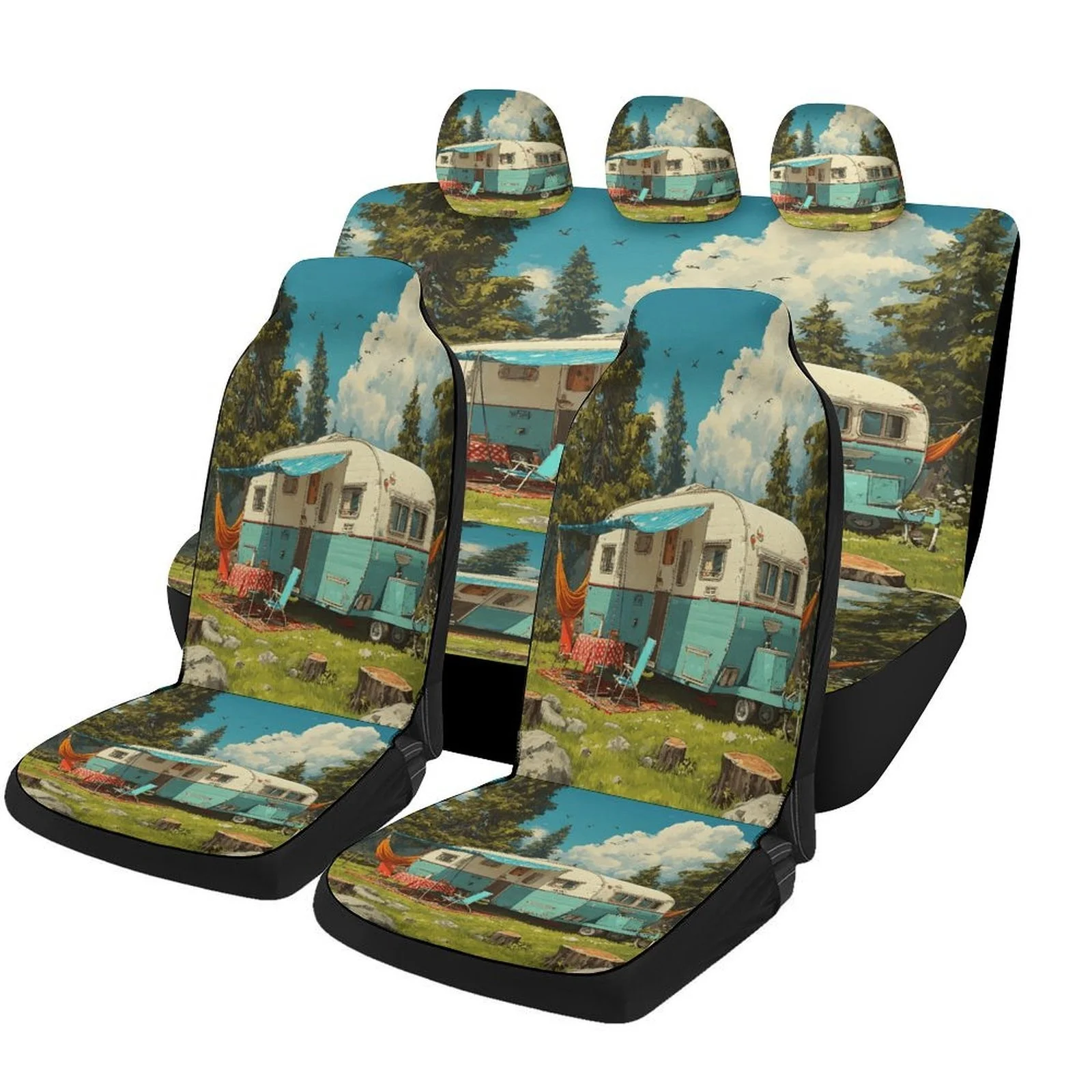 Campsite Retreat Themed Car Seat Cover Set - Trendy High-Quality Polyester Full Set For 2 Front & Rear Seats, Ideal For All Seas