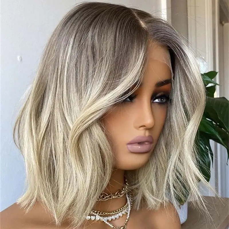 Color Ombre Platinum Blonde Short Bob Straight Human Hair Wig 613 Middle Part Pre Plucked 13x1 Lace Frontal Wigs For Women