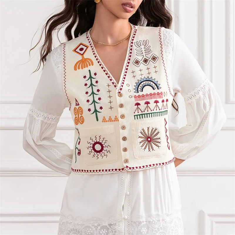 

Dourbesty Women Boho Vest Fashion Embroidery V Neck Button Up Sleeveless Crop Tops with Pockets for Summer Fall Streetwear 2024