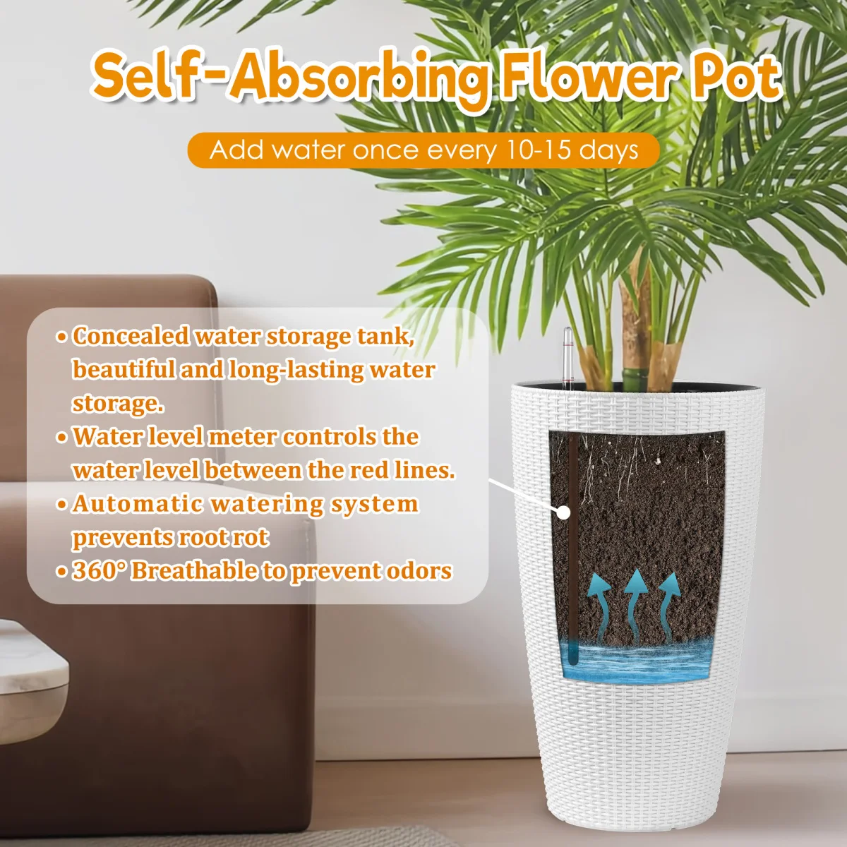 Set of 2 Faux Rattan Tall Planters Outdoor Indoor Large Planters with Water Level Monitor Inner Bucket, Automatic Watering, Flower Plant Pots for Garden, Patio, Porch, Backyard (White, 22 inch )   WL RR