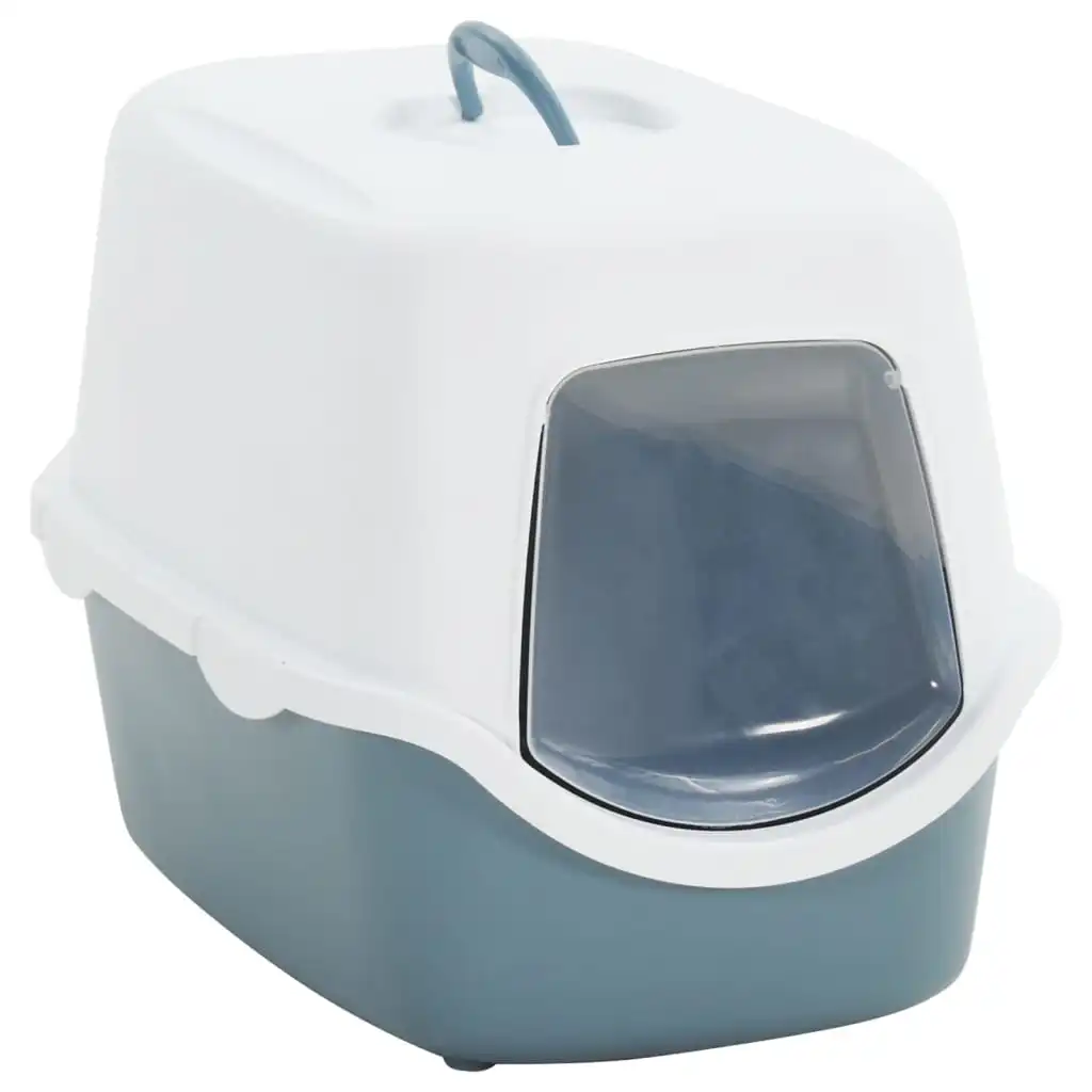 Cat Litter Tray with Cover White and Blue 56x40x40cm PP