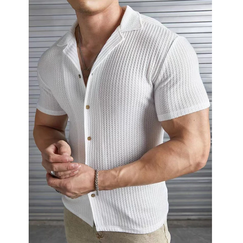 Men's Shirts Summer Turn-down Collar Stirpes Solid Waffle Casal Cardigan Loose Muscle Casual Short Sleeve Shirt For Male Tops