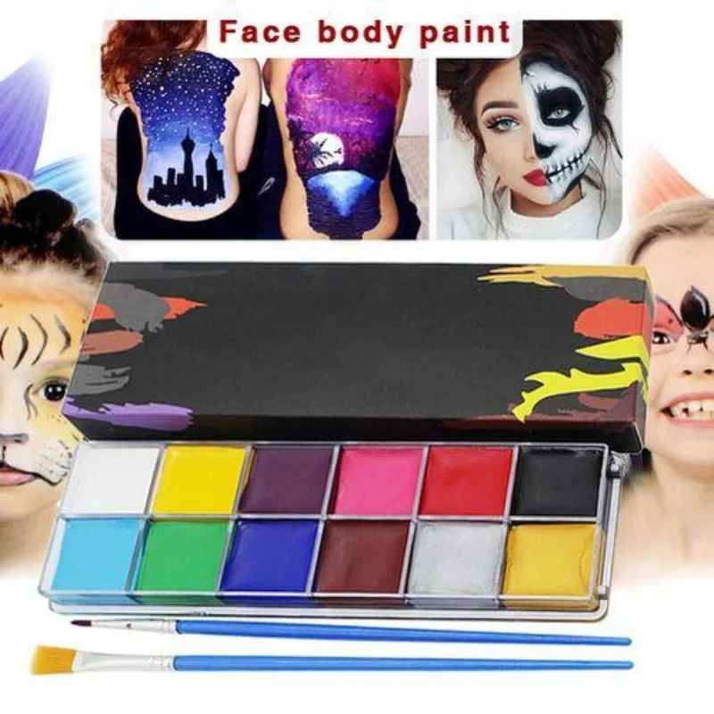 Face Body Paint Oil 12 Colors Painting Halloween Art Party Fancy Make Up Set With 2pcs Brushes