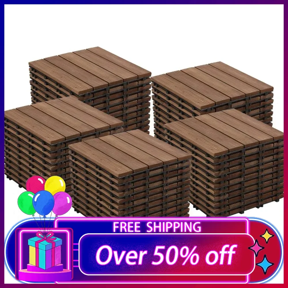 55pcs Patio Deck Tiles Interlocking Wood Composite Deck Wooden Flooring Deck Tiles 12 x 12in Fir Wood Indoor&Outdoor, Brown