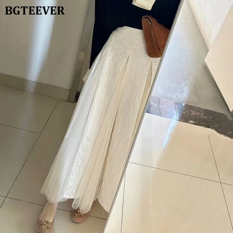 BGTEEVER Stylish High Waist Female Mid-Length Skirts Spring Summer Elegant Loose Jacquard Mesh A-line Skirts Women